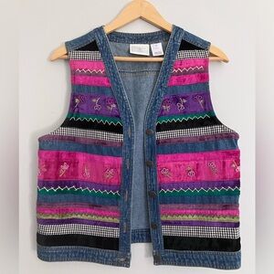 Susan Bristol Multicolor Embroidered Denim Vest - Pink, Purple, Green, Black